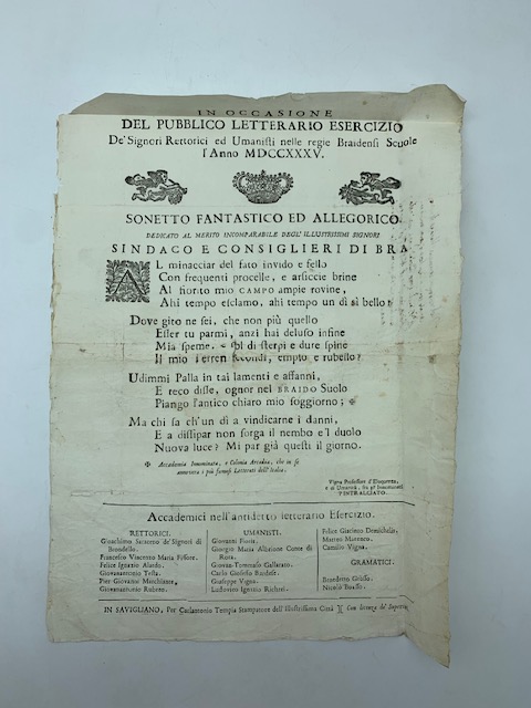 In occasione del pubblico letterario esercizio de' Signori Rettorici ed Umanisti nelle regie Braidensi Scuole...Sonetto fantastico allegorico